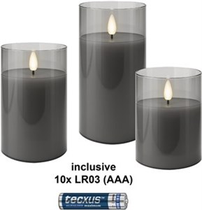 Set of 3 LED Real Wax Candles in Glass, Grey-Transparent, incl. 10x AAA (LR03)