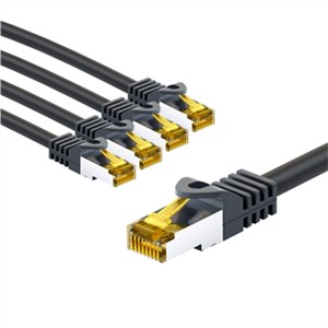 RJ45 Patch Cord CAT 6A S/FTP (PiMF), 500 MHz, with CAT 7 Raw Cable, 5 m, black, Set of 5