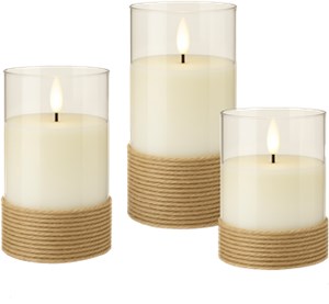 Set of 3 LED Real Wax Candles in Glass, White, Wrapped with Hemp