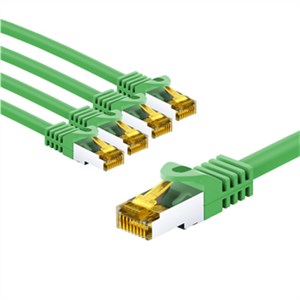 RJ45 Patch Cord CAT 6A S/FTP (PiMF), 500 MHz, with CAT 7 Raw Cable, 1 m, Green, Set of 5