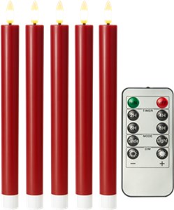 Set of 5 Red LED Real Wax Rod Candles, incl. Remote Control