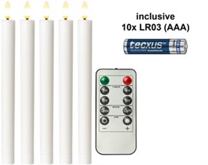 Set of 5 White LED Real Wax Rod Candles, incl. Remote Control and 10x AA (LR6)