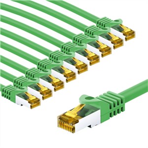 RJ45 Patch Cord CAT 6A S/FTP (PiMF), 500 MHz, with CAT 7 Raw Cable, 1 m, Green, Set of 10