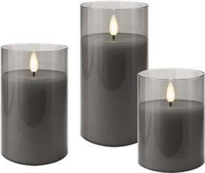 Set of 3 LED Real Wax Candles in Glass, Grey-Transparent