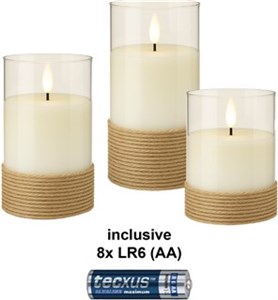Set of 3 LED Real Wax Candles in Glass, White, Wrapped with Hemp, incl. 8x AA (LR6)