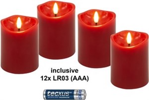 Set of 4 LED Real Wax Candles, red, incl. 12x AAA (LR03)