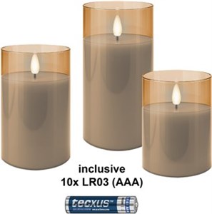 Set of 3 LED Real Wax Candles in Glass, Gold-Transparent, incl. 10x AAA (LR03)